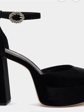 Larroude Black Velvet Platform Ankle-Strap Heels with Crystal Buckle